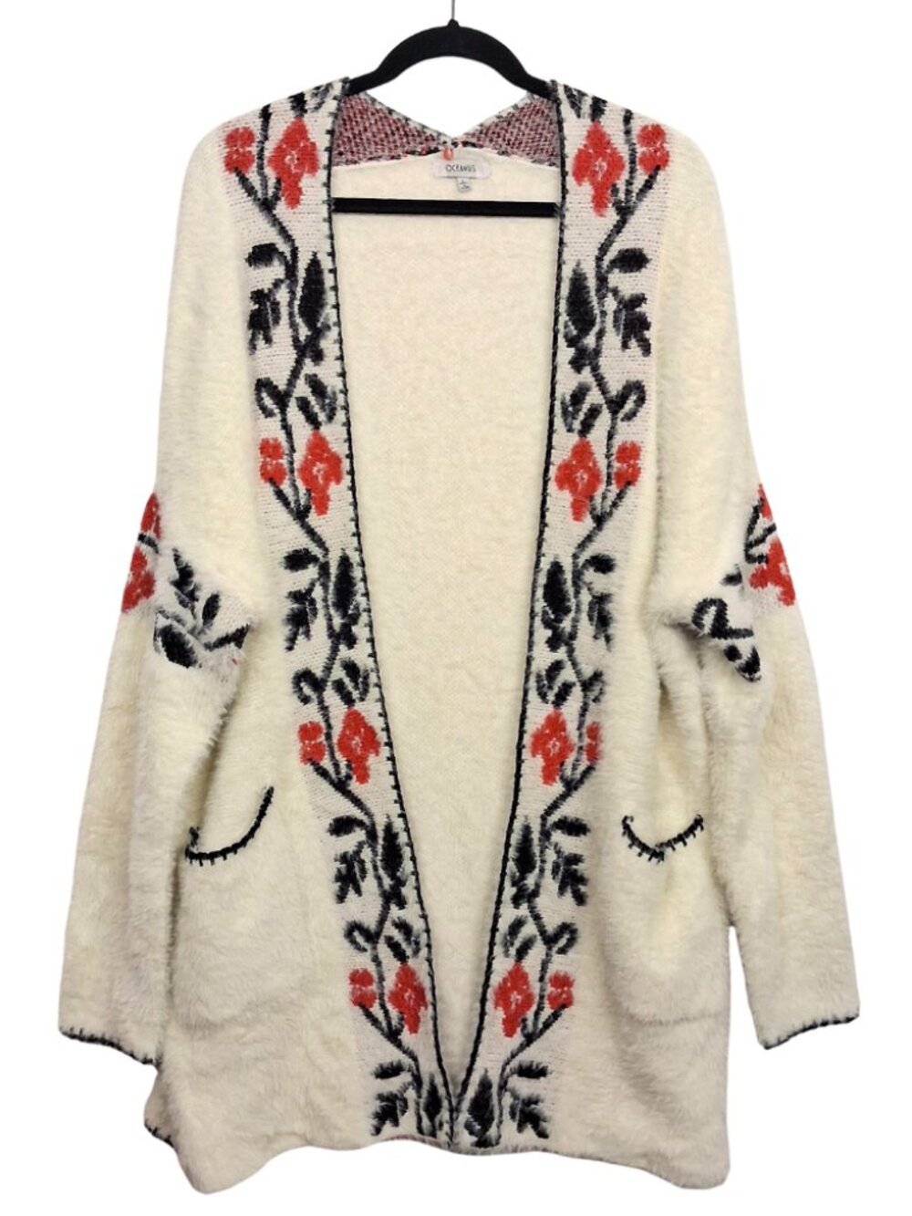 OCEANUS Cozy Floral Open Cardigan Sweater Shawl Large Red Black Cream Large